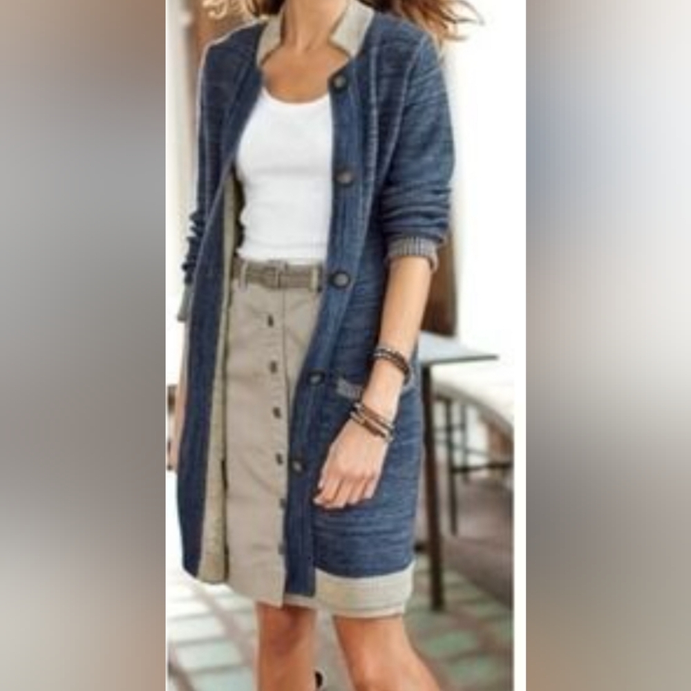 J. Jill Cardigan Sweater Blue Long Sleeve Button Front Linen Blend Small Coastal